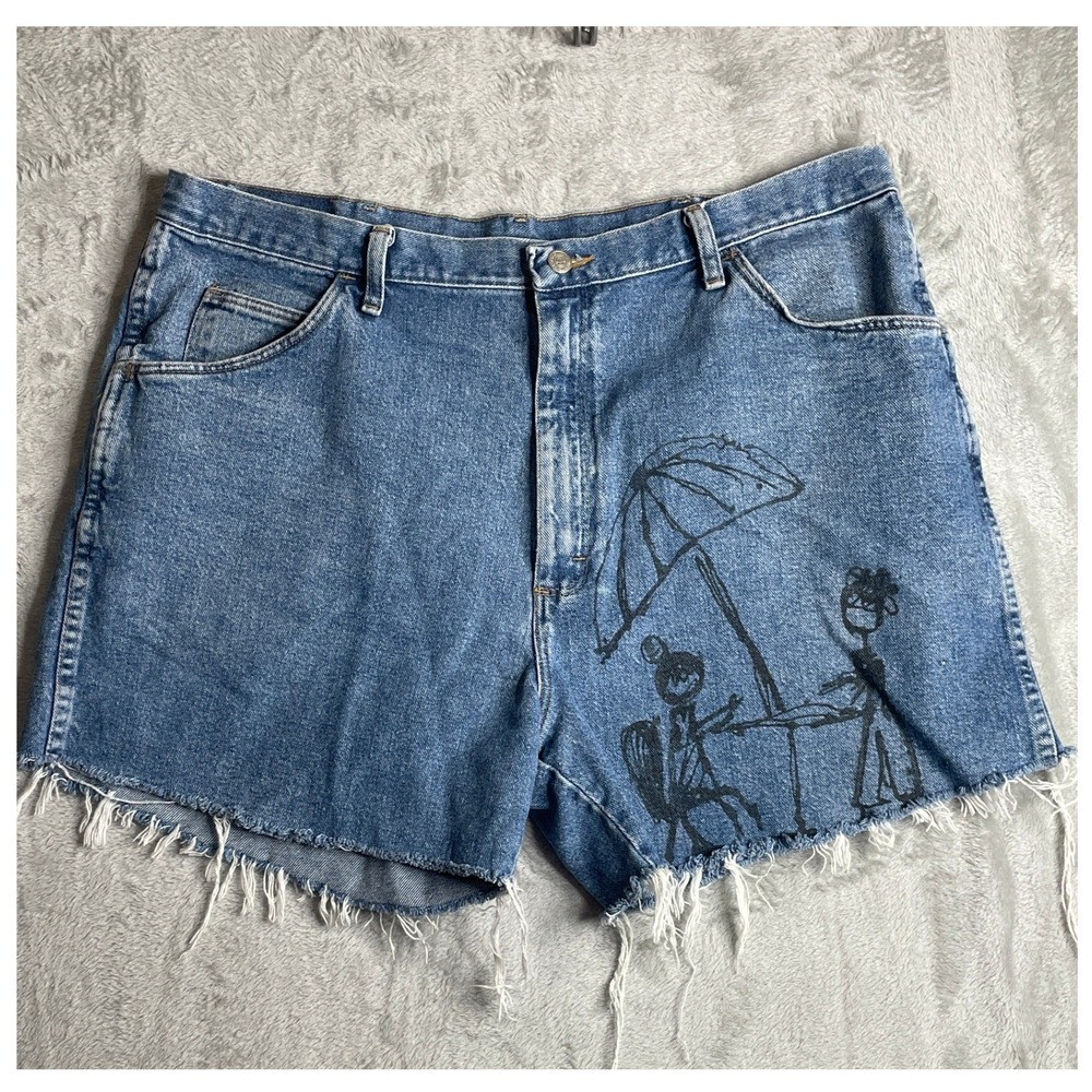 Wrangler Hero Denim Shorts Mens 40 Blue Custom Graphic Frayed Cut-off 606T3SD